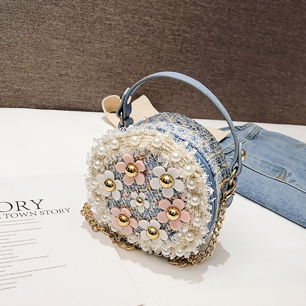 Floral Tweed Mini Handle Bag (Blue)