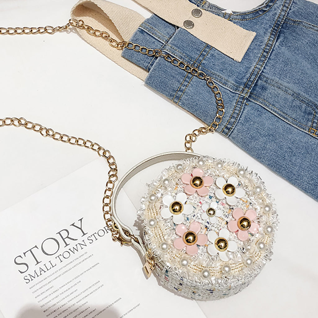Floral Tweed Mini Handle Bag (White)